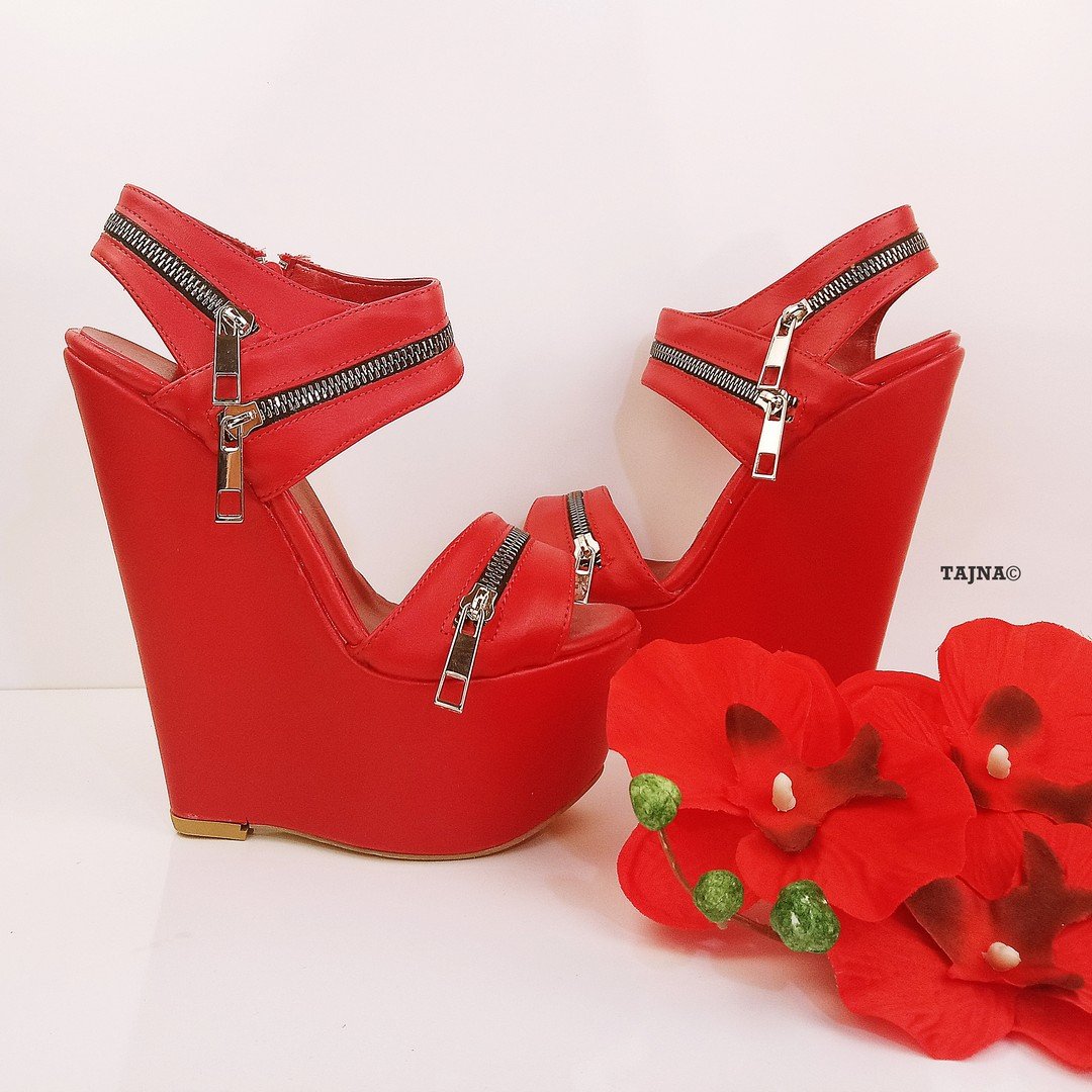 Red Zipper 17 cm Heel Wedge Sandals - Tajna Club