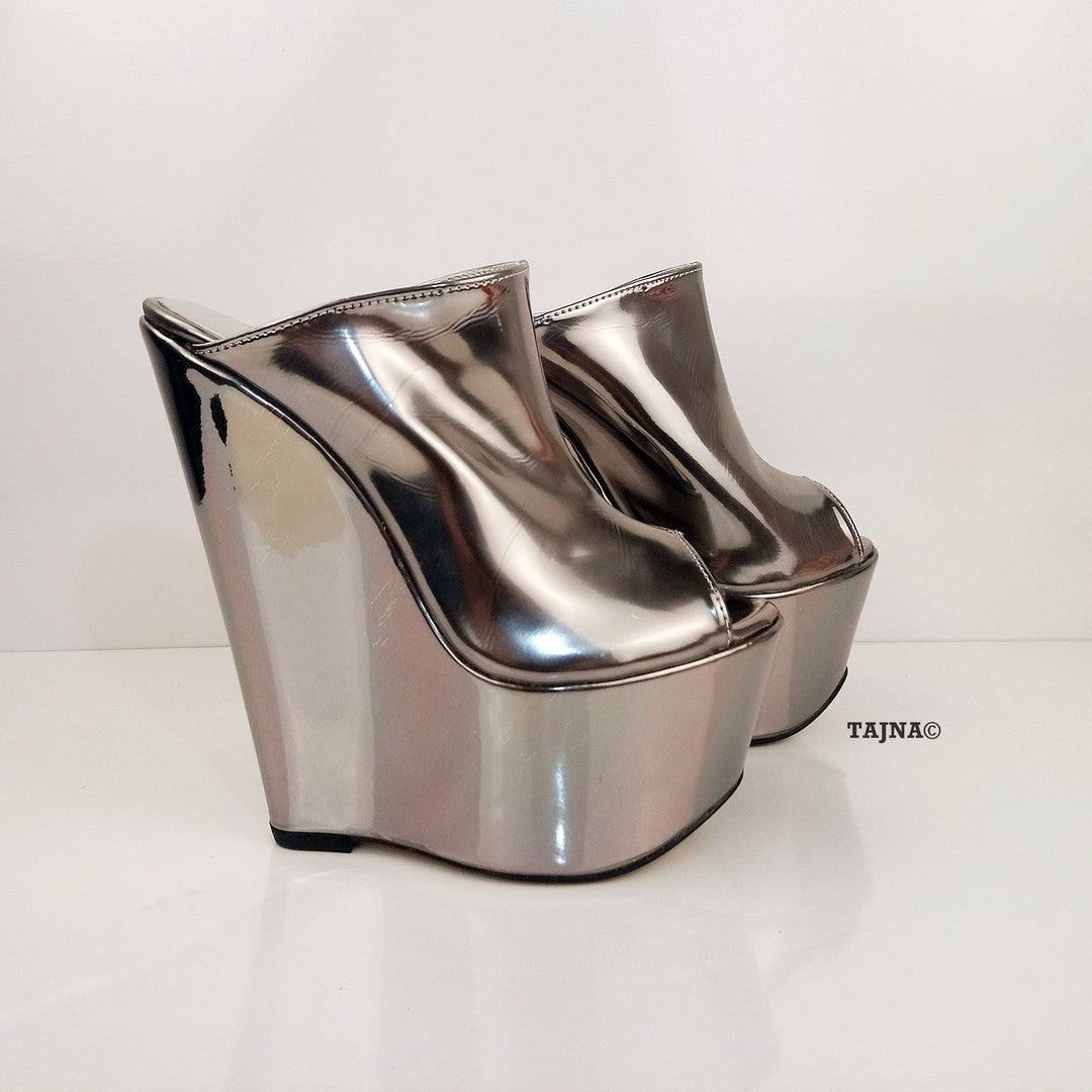 Silver Peep Toe 17 cm Heel Wedge Mules - Tajna Club