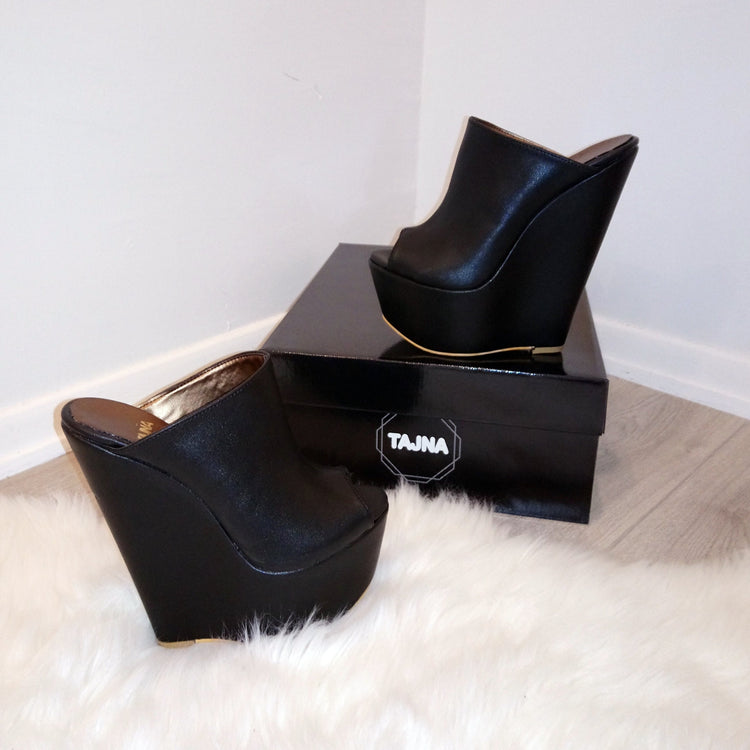Black Peep Toe 17 cm High Heel Wedge Mules - Tajna Club