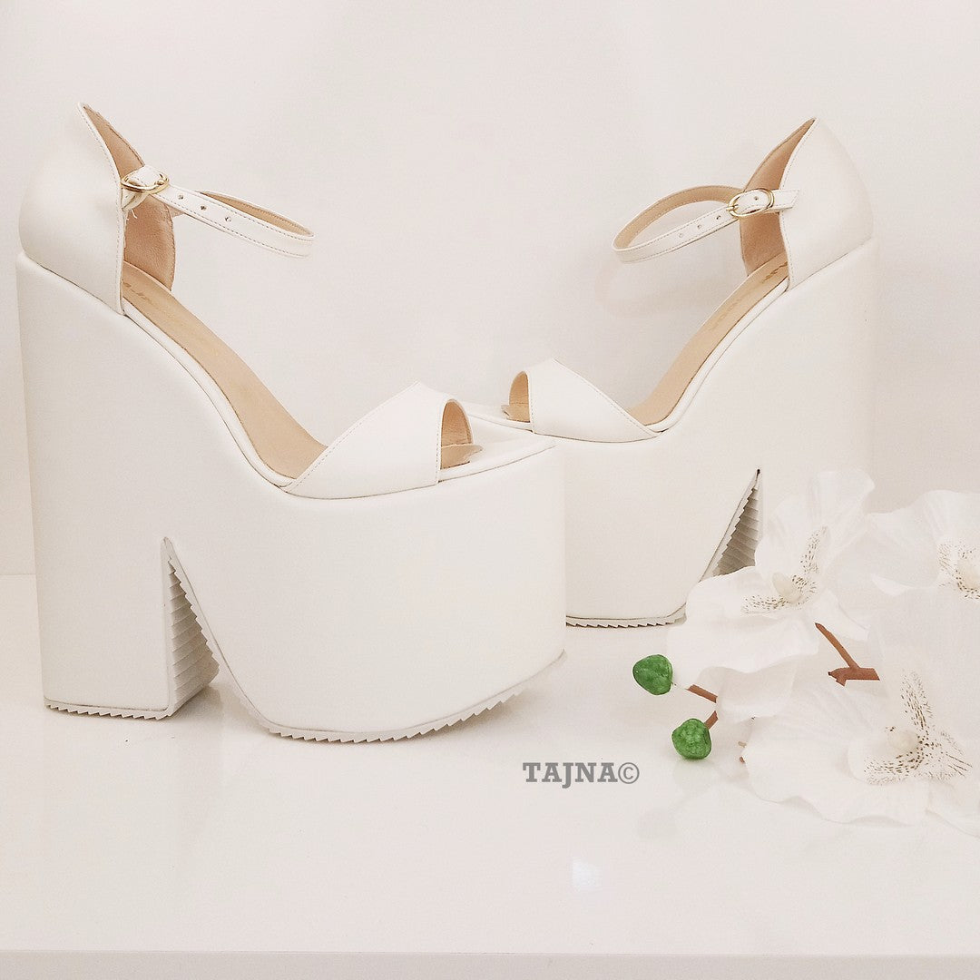 Single Strap Platform White Wedge Bridal Shoes - Tajna Club
