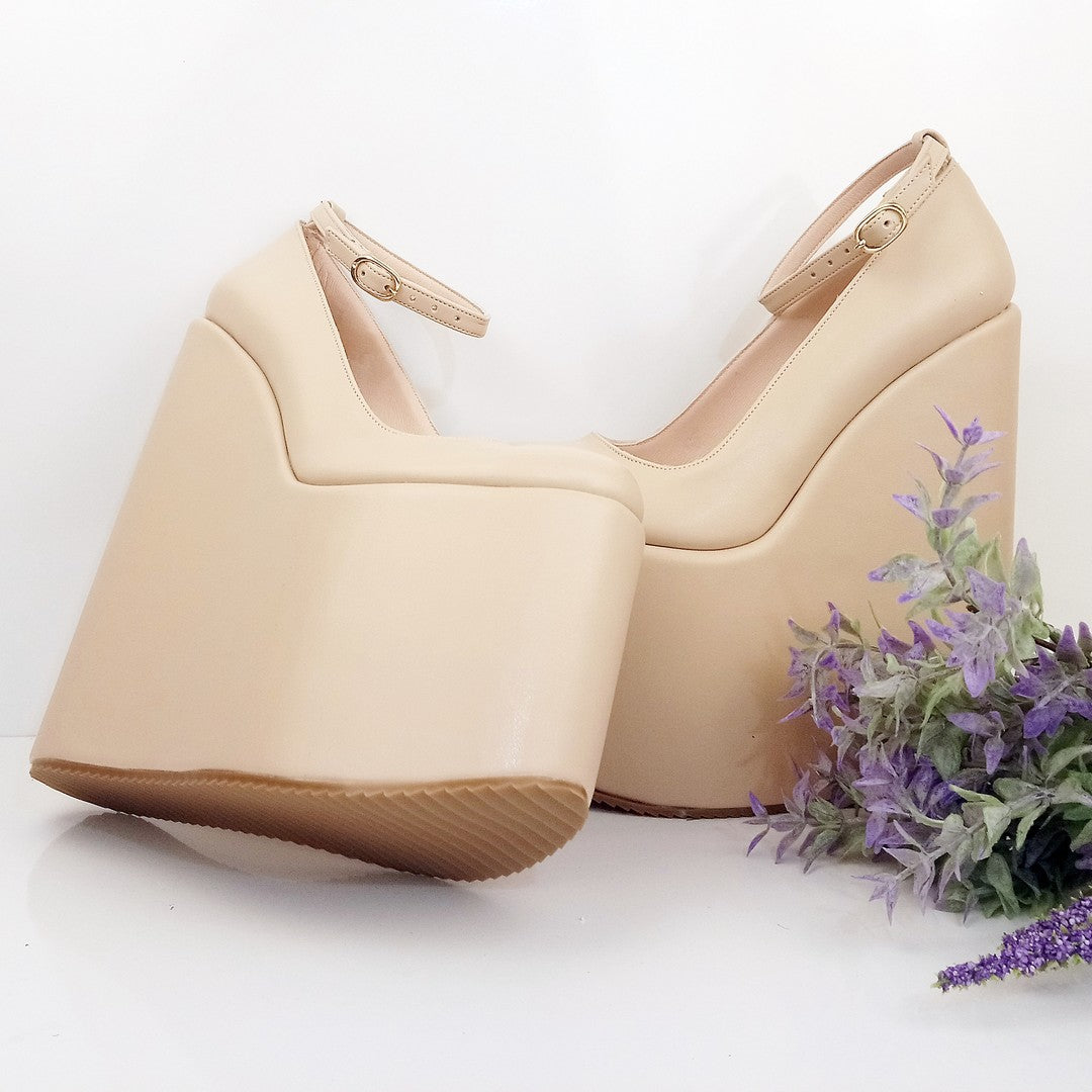Nude Cream Ankle Strap Platform Wedge Shoes - Tajna Club