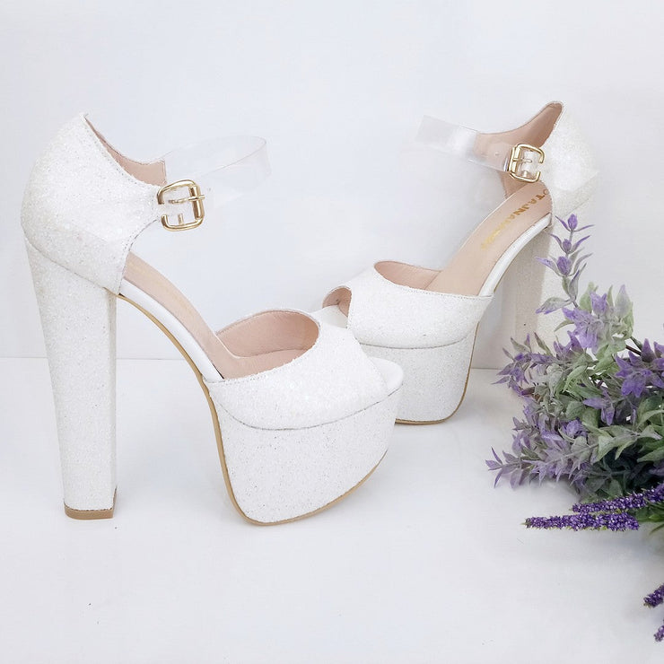 Transparent Strap Shiny Bridal White Platform Shoes | Tajna Club