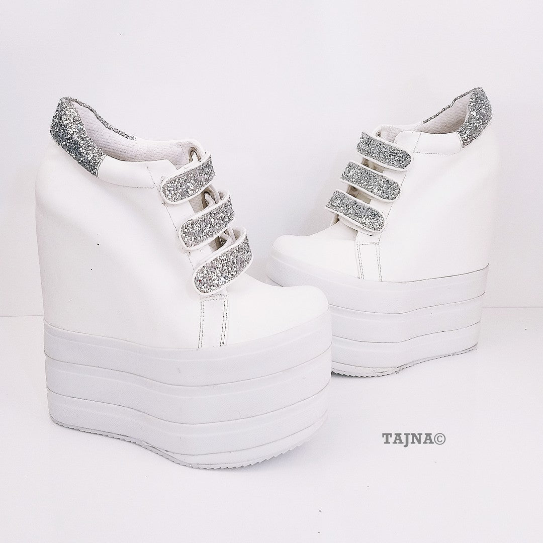 Sport Platforms Silver White Wedge Shoes - Tajna Club