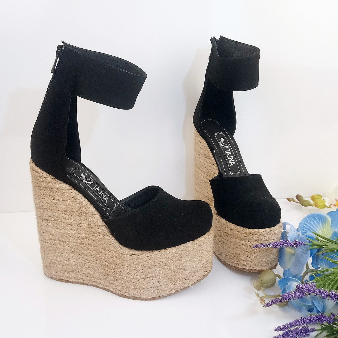 Black Faux Suede Bold Ankle Strap Wedges - Tajna Club