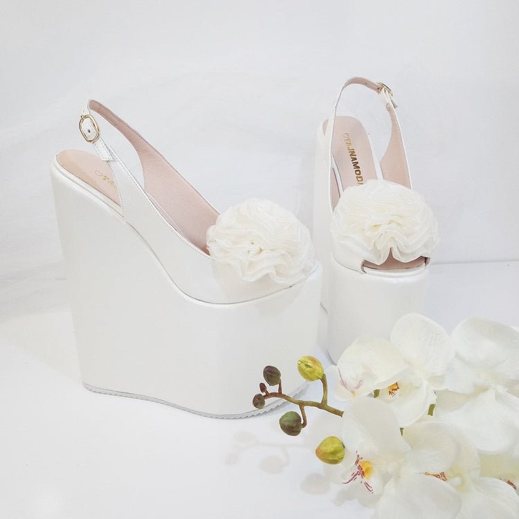 Pompom Ivory White Pee Toe Platform Wedge Bridal Shoes - Tajna Club