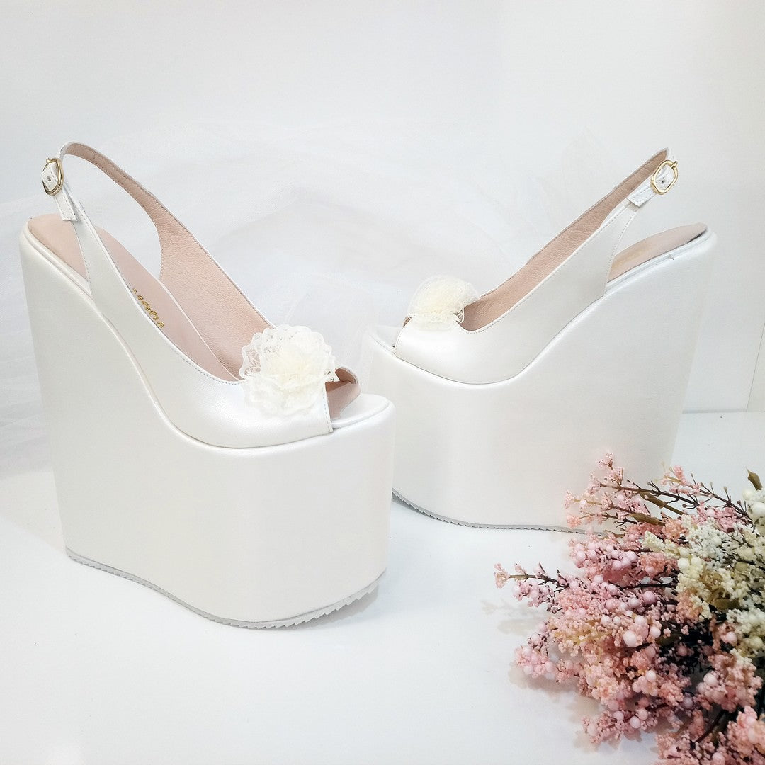 Lacy Ivory White Pee Toe Platform Wedge Bride Shoes - Tajna Club