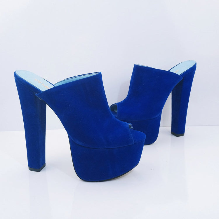 Cobalt Blue Velvet High Heel Platform Mules - Tajna Club