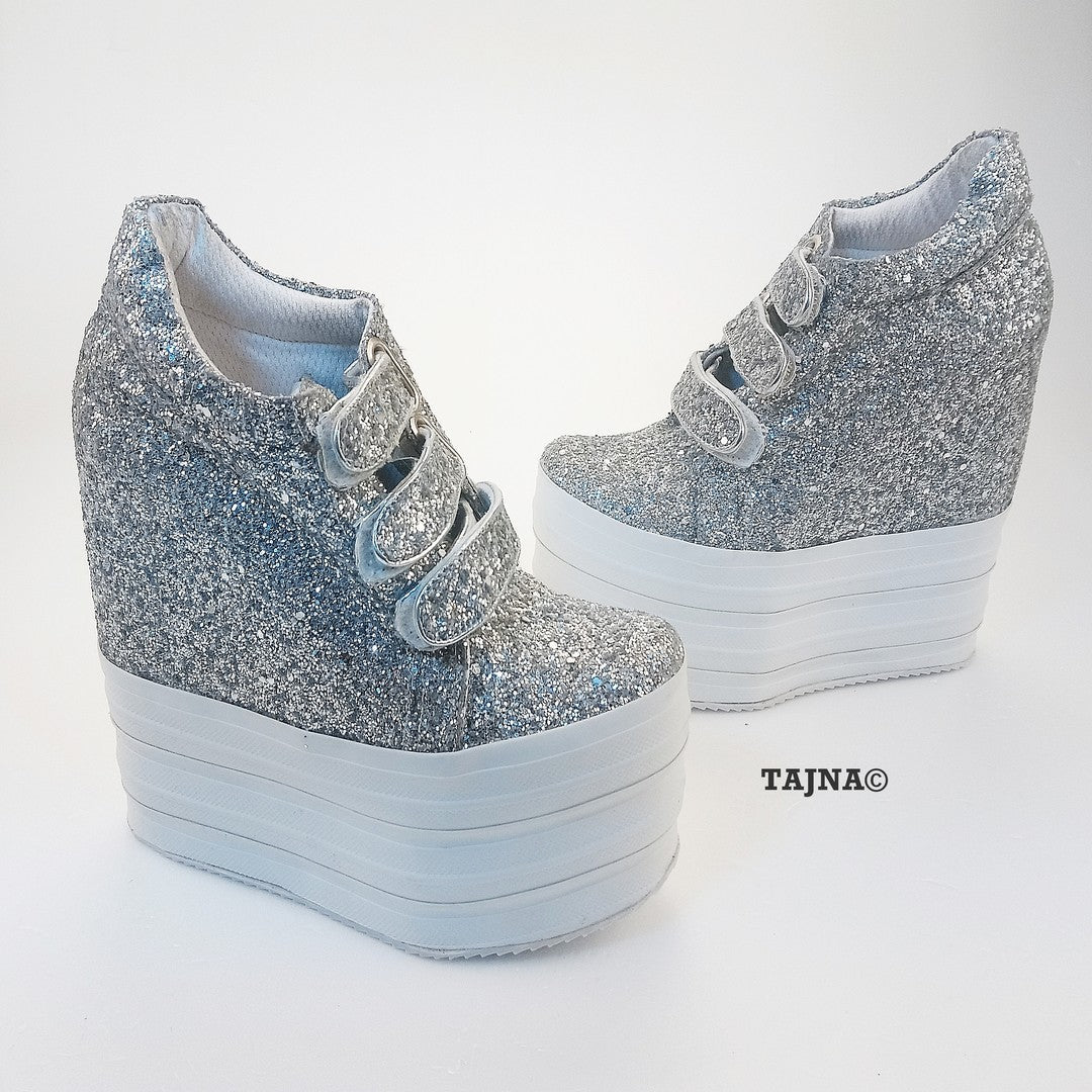 Silver Shiny Hidden Platform Heel Sport Shoes - Tajna Club