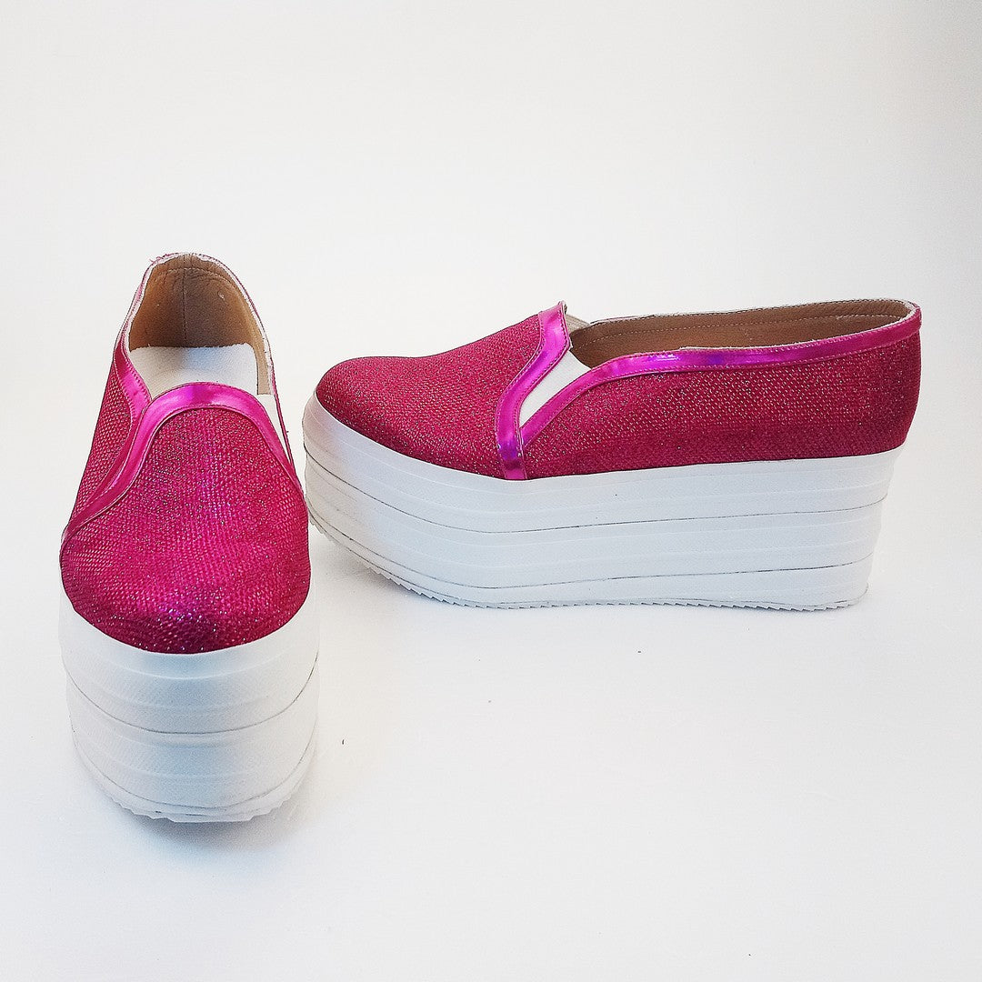 Fushia Pink Shinny Sneakers Wedge Platform Shoes - Tajna Club