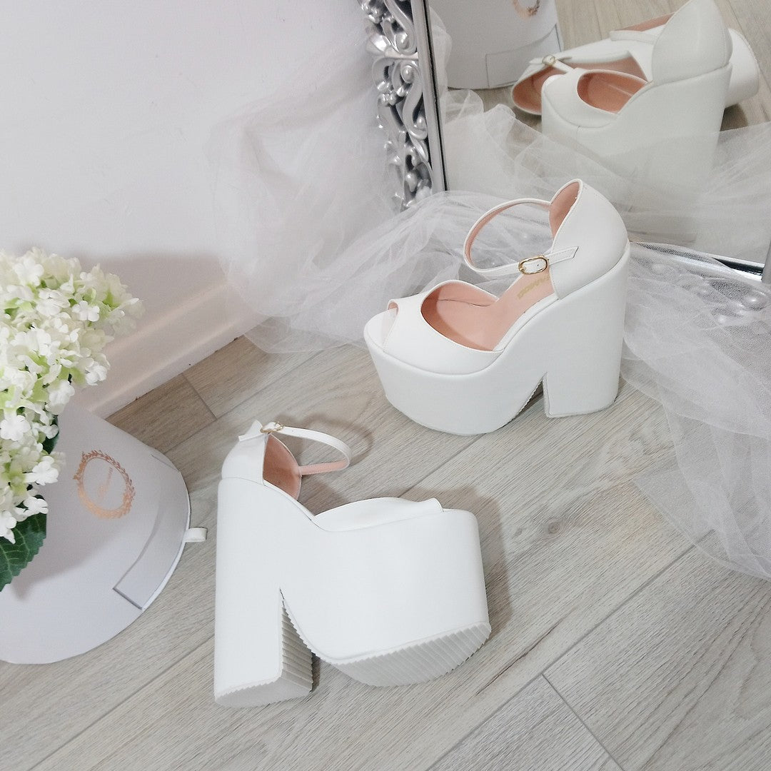 White Ankle Strap Platform Wedge Bridal Shoes - Tajna Club