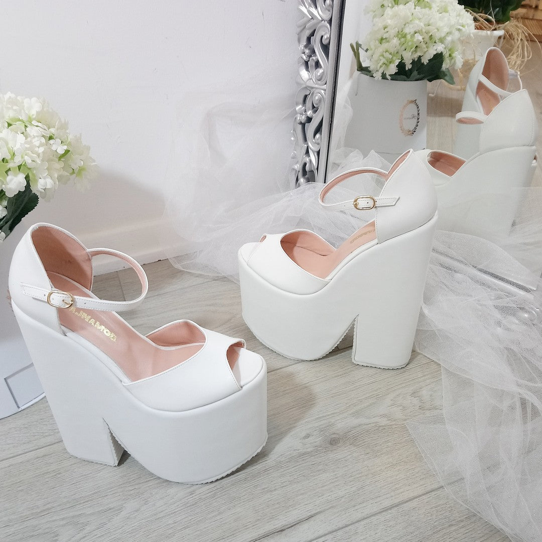 White Ankle Strap Platform Wedge Bridal Shoes - Tajna Club