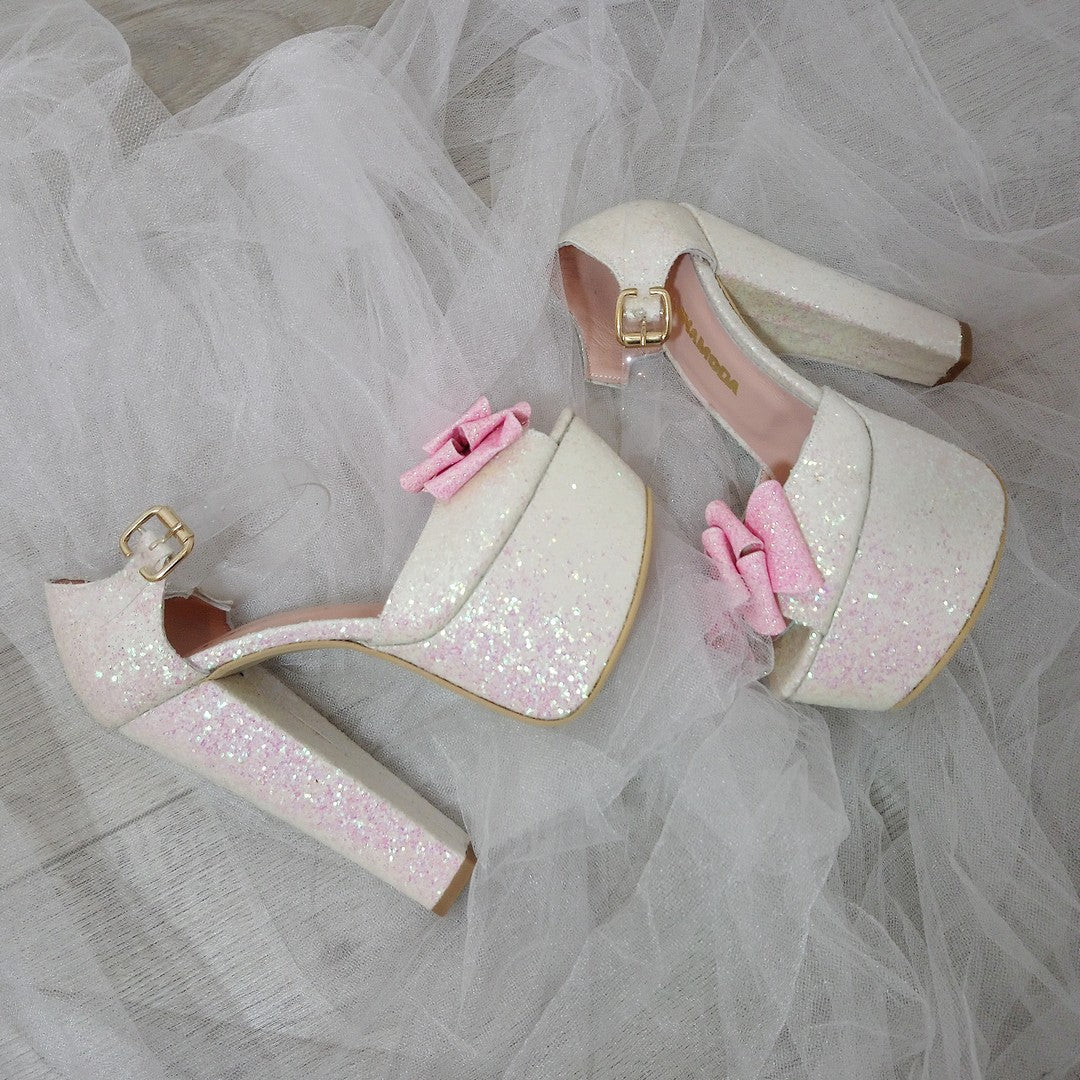 White Shiny Pink Ribbon Bridal Platform Shoes - Tajna Club