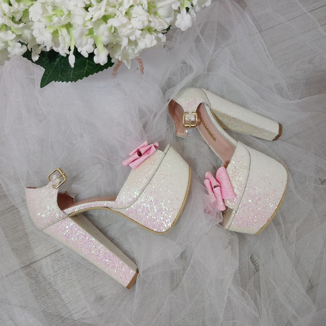White Shiny Pink Ribbon Bridal Platform Shoes | Tajna Shoes – Tajna Club