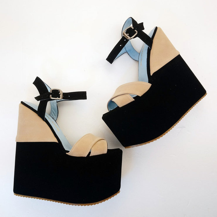 Black Cream Velvet Ankle Strap Platform Wedge Sandals | Tajna Club