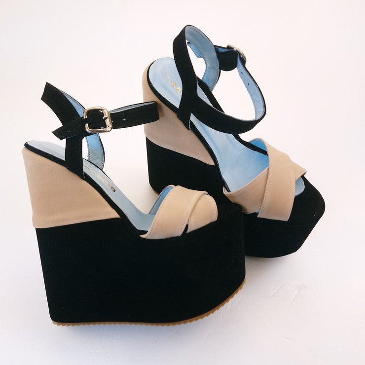 Black Cream Velvet Ankle Strap Platform Wedge Sandals | Tajna Club