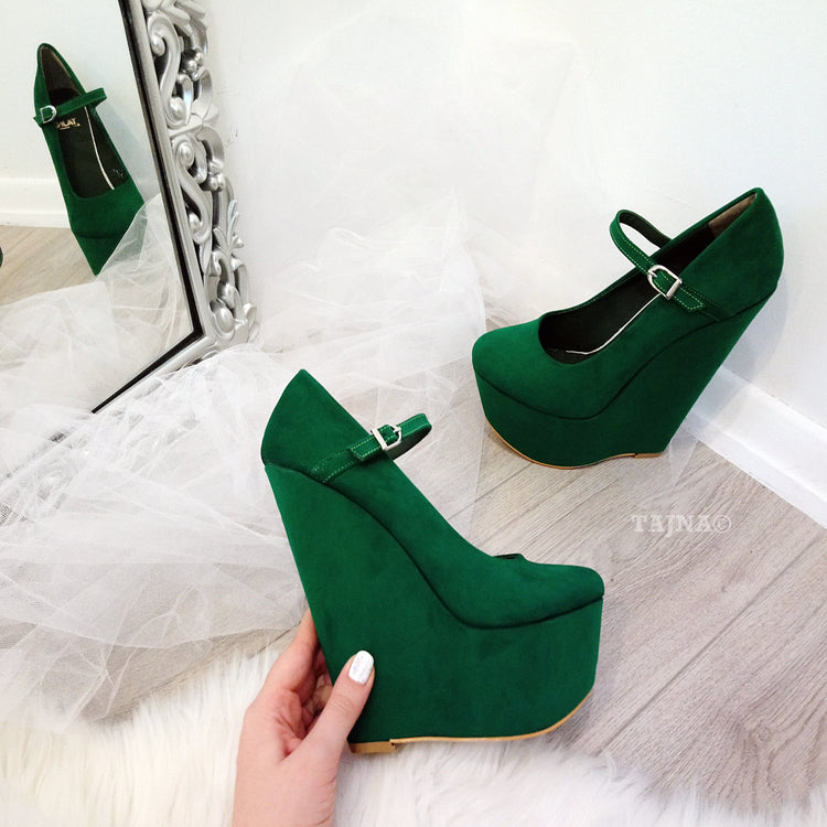 Dark Green Suede 17 cm High Heel Wedge Shoes - Tajna Club