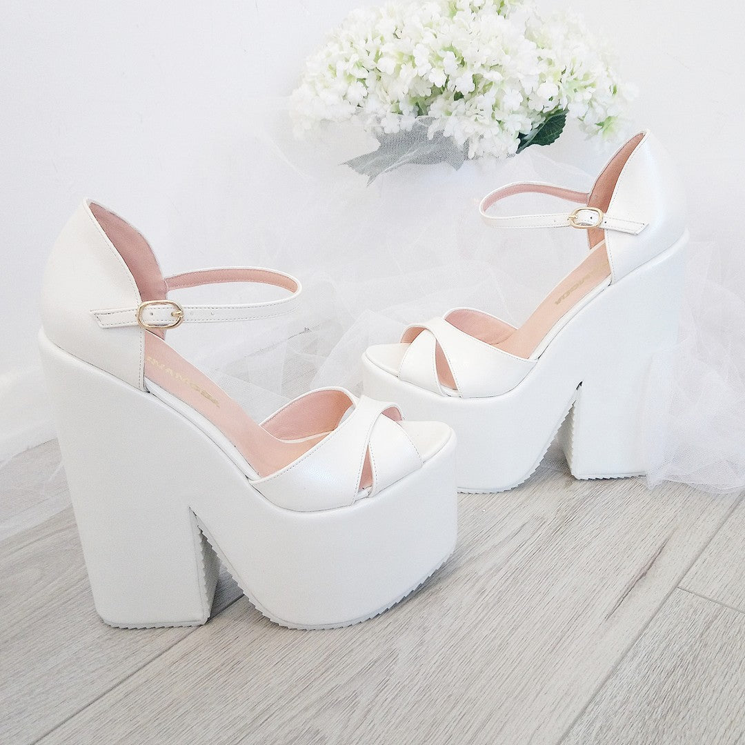 White Cross Strap Platform Wedge Bridal Shoes - Tajna Club