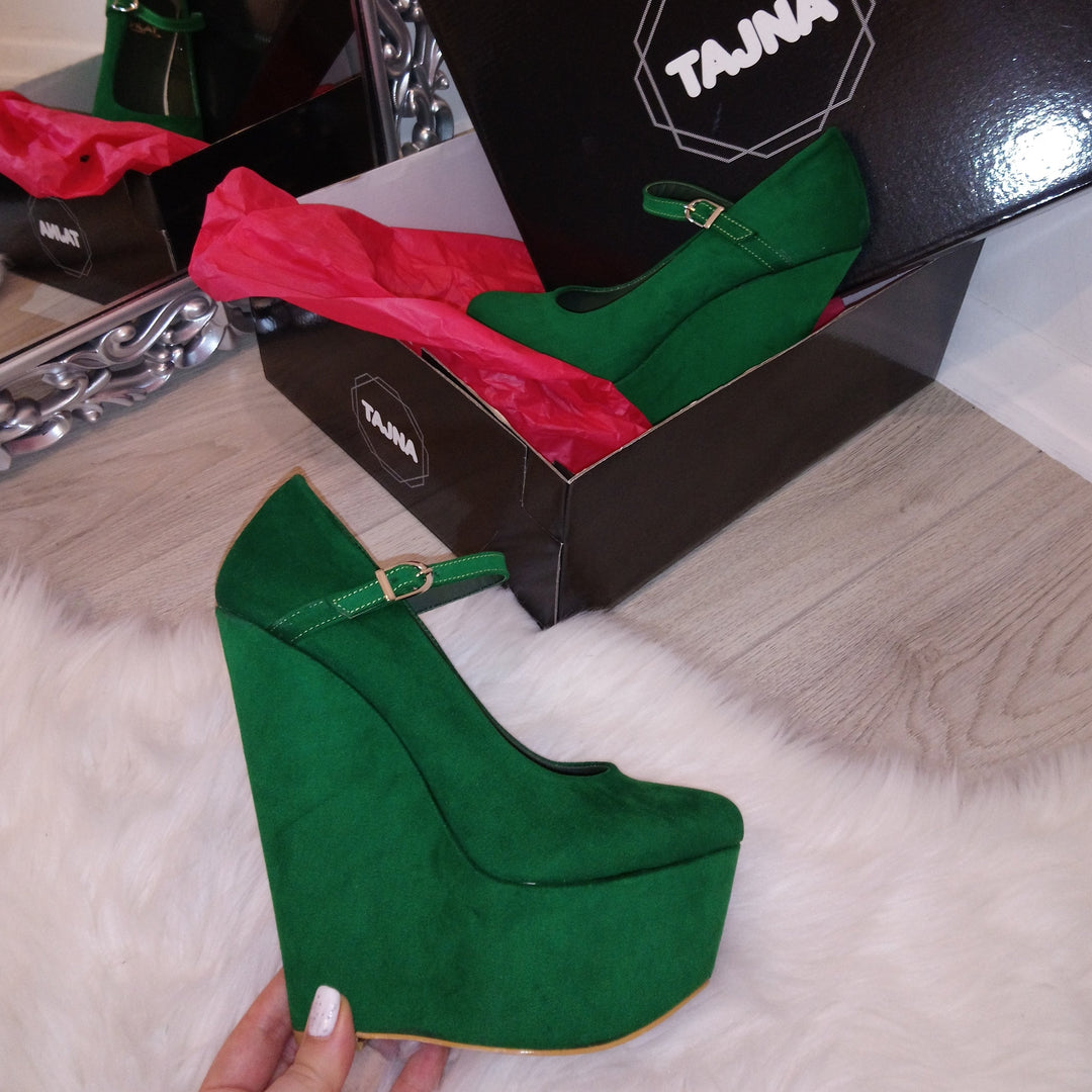 Dark Green Suede 17 cm High Heel Wedge Shoes - Tajna Club
