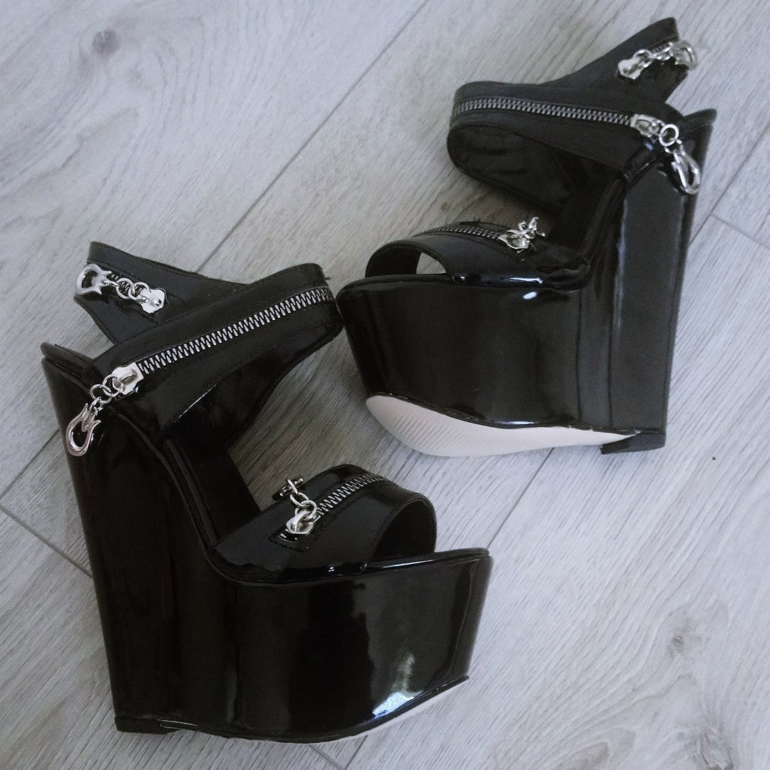 Black Patent Leather 17 cm Heel Wedge Sandals - Tajna Club