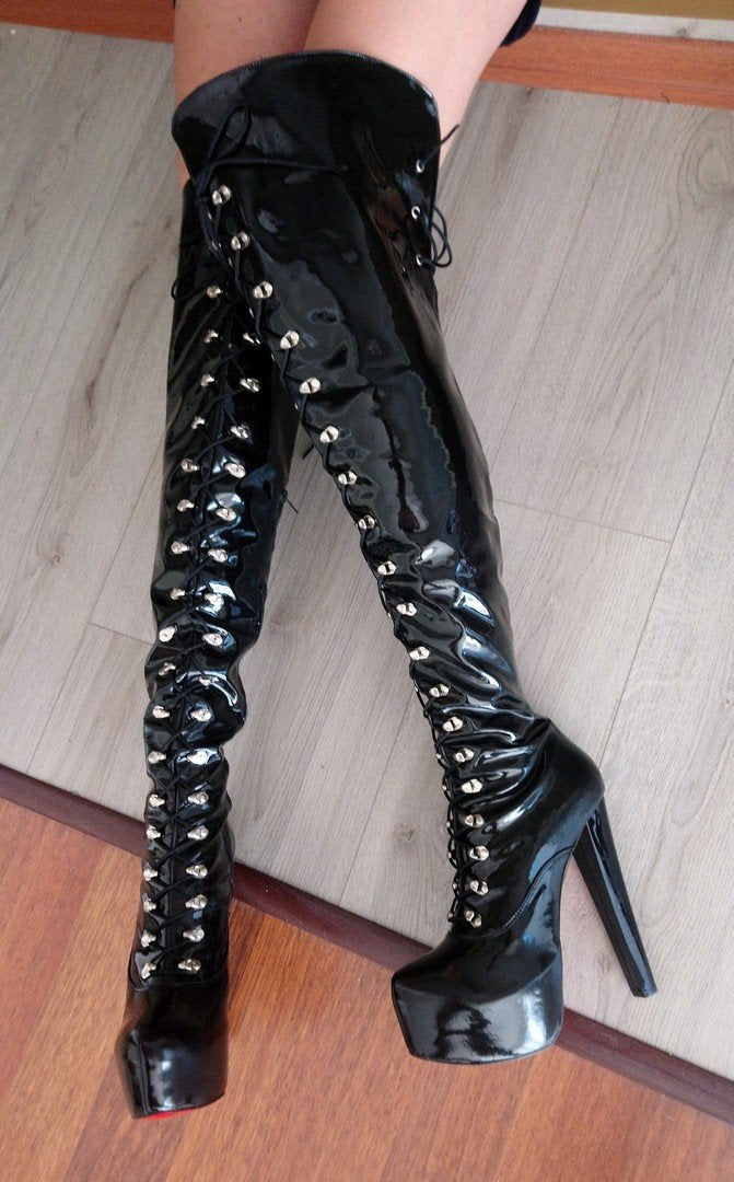 Black Patent Leather Military Style Knee High Boots - Tajna Club