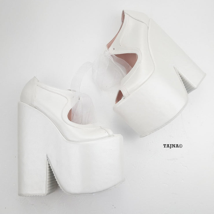 White Lace Up Platform Wedge Bridal Shoes | Tajna Club