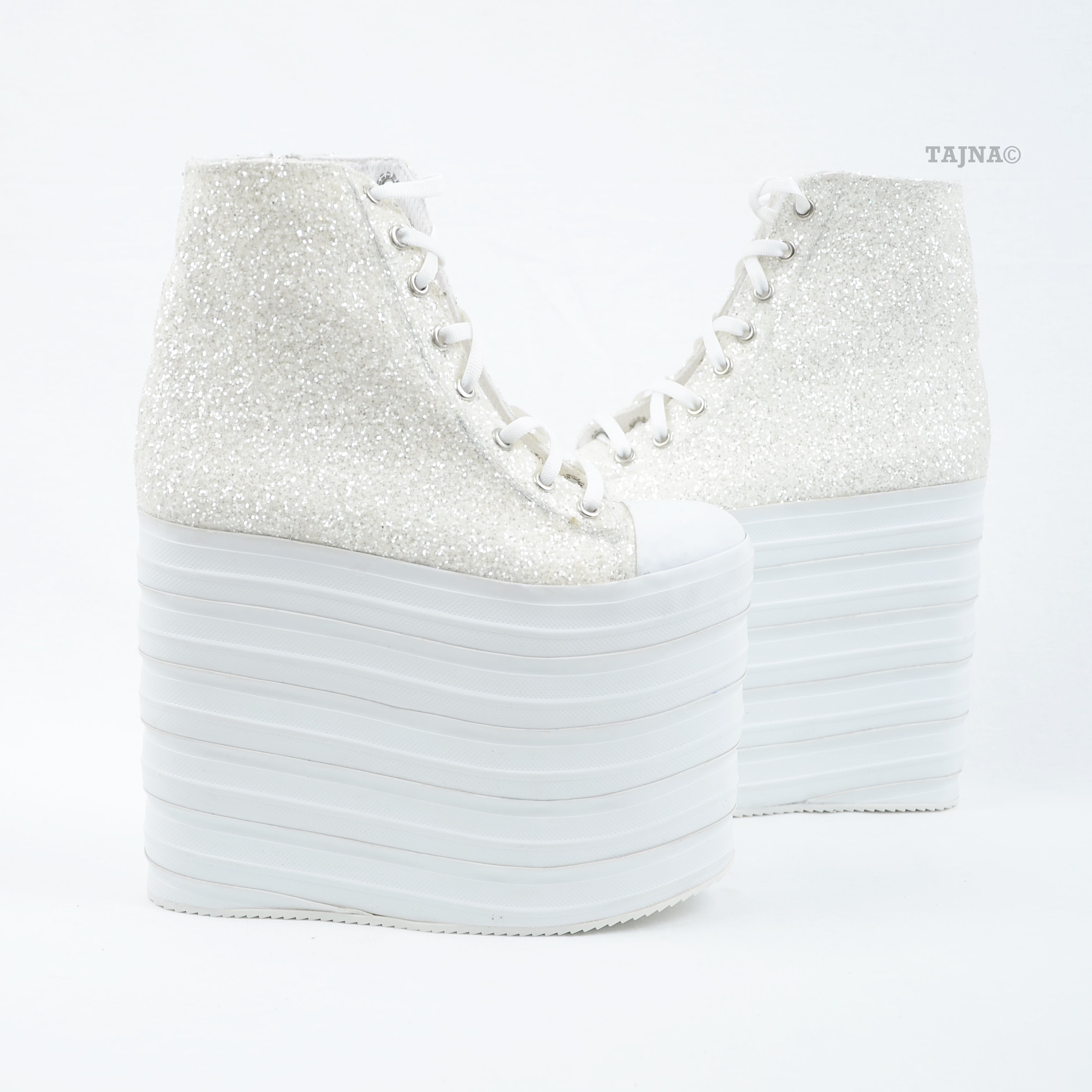 White Sequin Lace Up Wedge Platform Shoes - Tajna Club