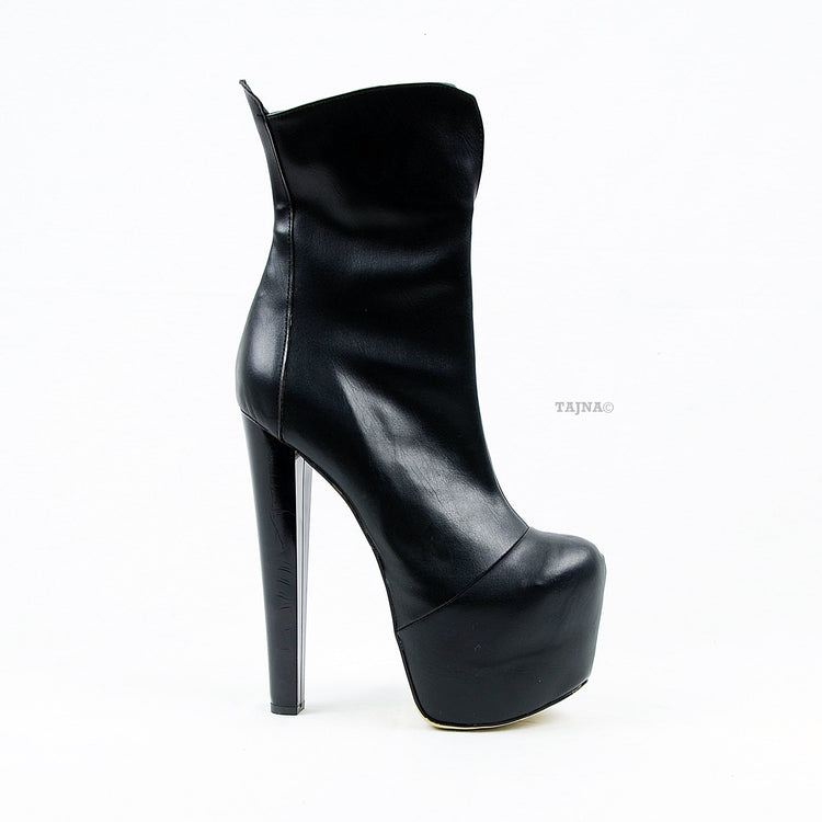 Black Faux Leather High Heel Platform Boots - Tajna Club