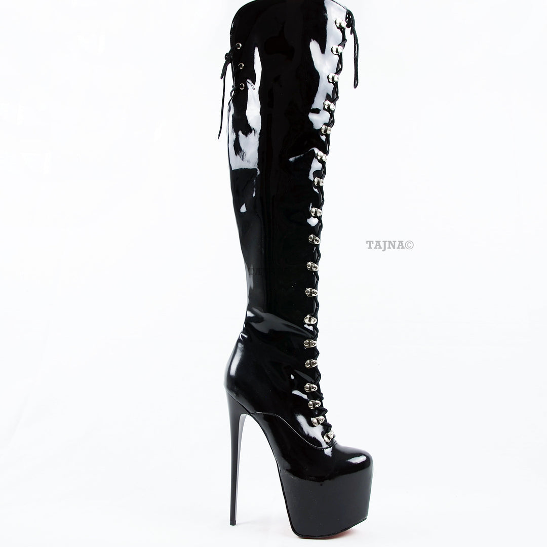 Black Patent Lace Up Military Style Heel Boots - Tajna Club
