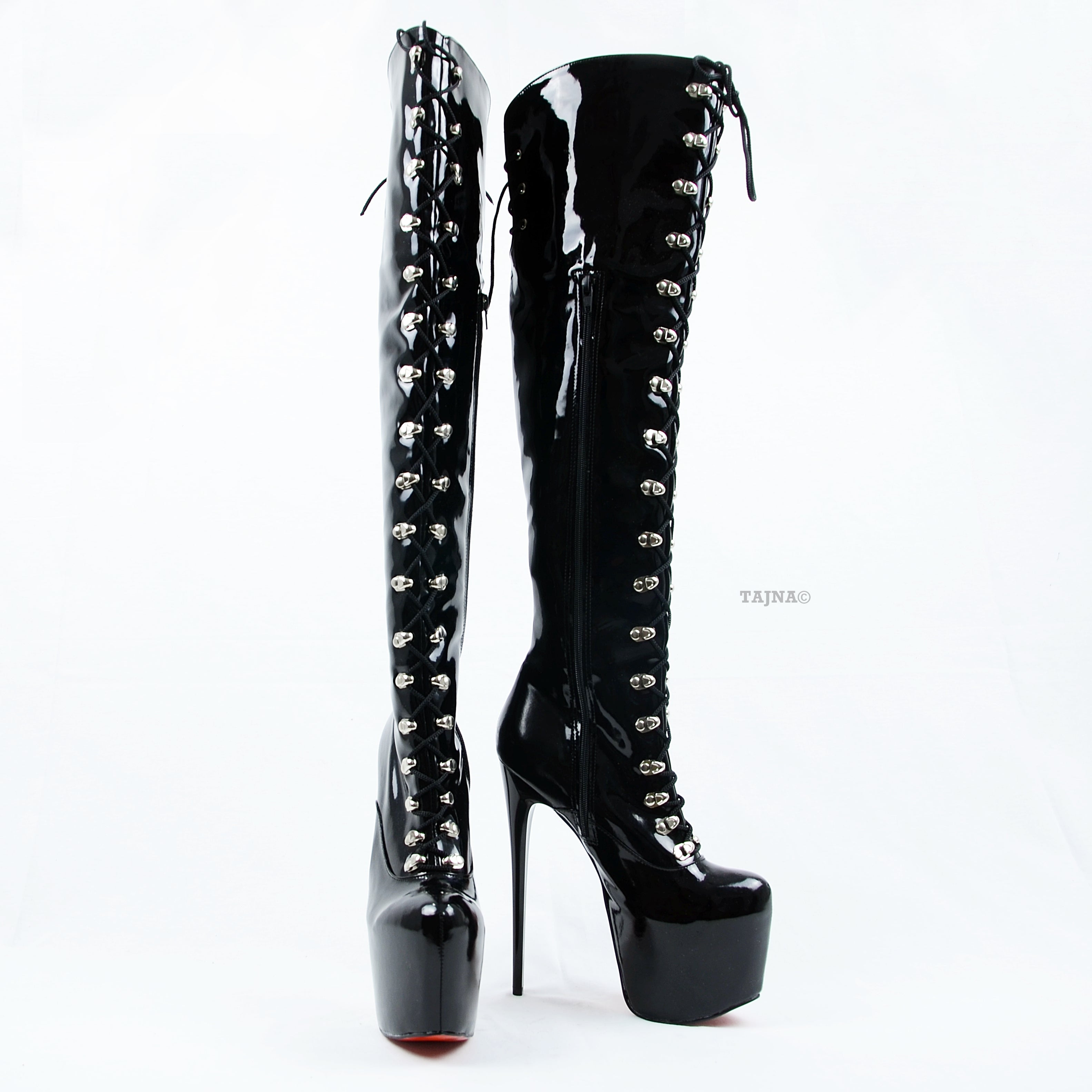 Black Patent Lace Up Military Style Heel Boots - Tajna Club