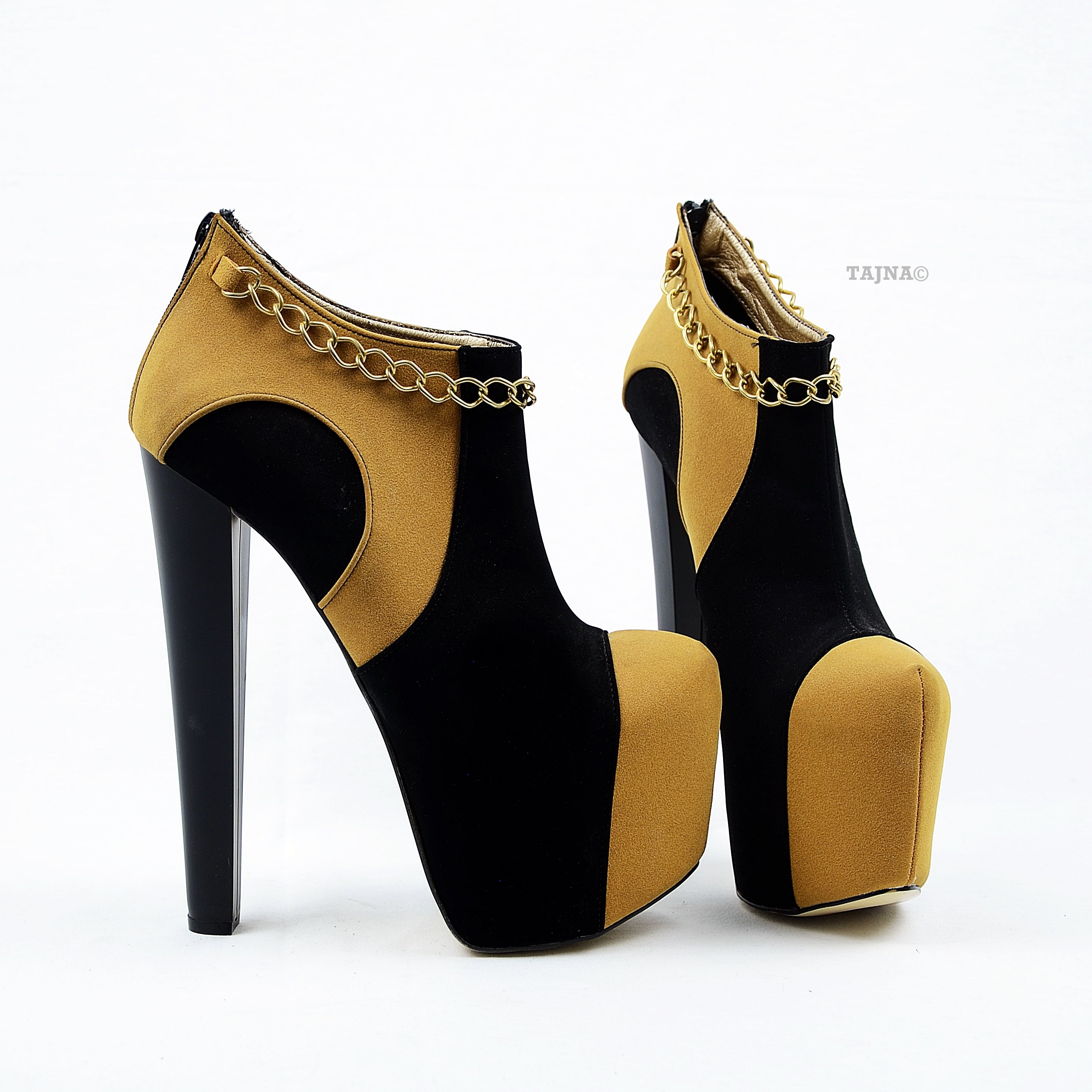 Camel Black Chain Ankle High Heel Platforms - Tajna Club