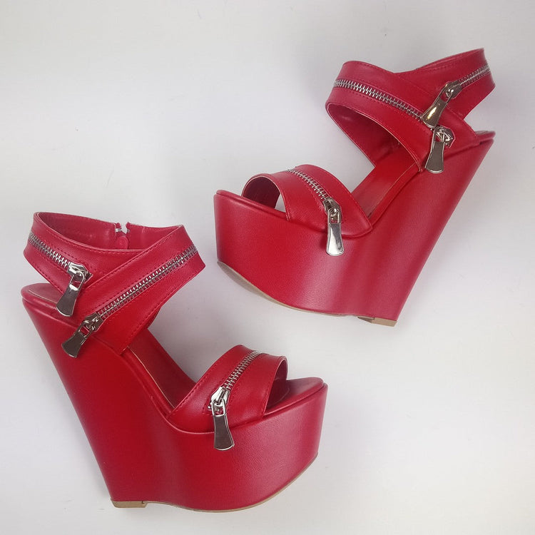 Red Zipper Detail Wedge Sandals - Tajna Club