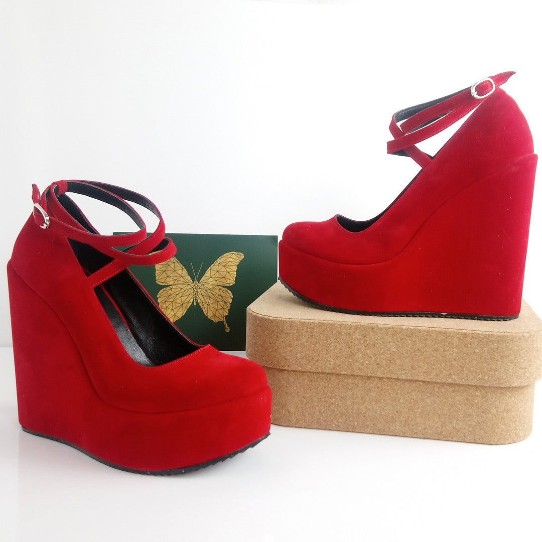 Red Suede Cross Strap Wedge Shoes - Tajna Club