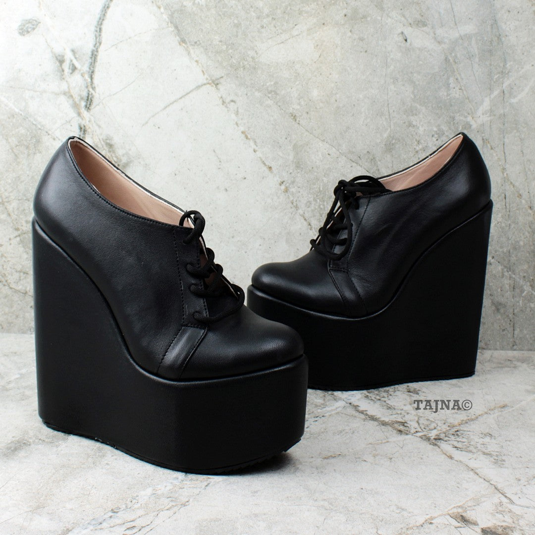 Genuine Leather Black Wedges Lace Up Platforms - Tajna Club