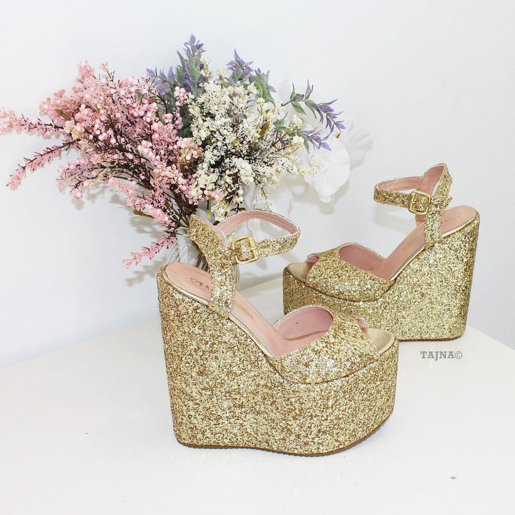 Gold Glitter Bridal High Heel Platform Shoes - Tajna Club