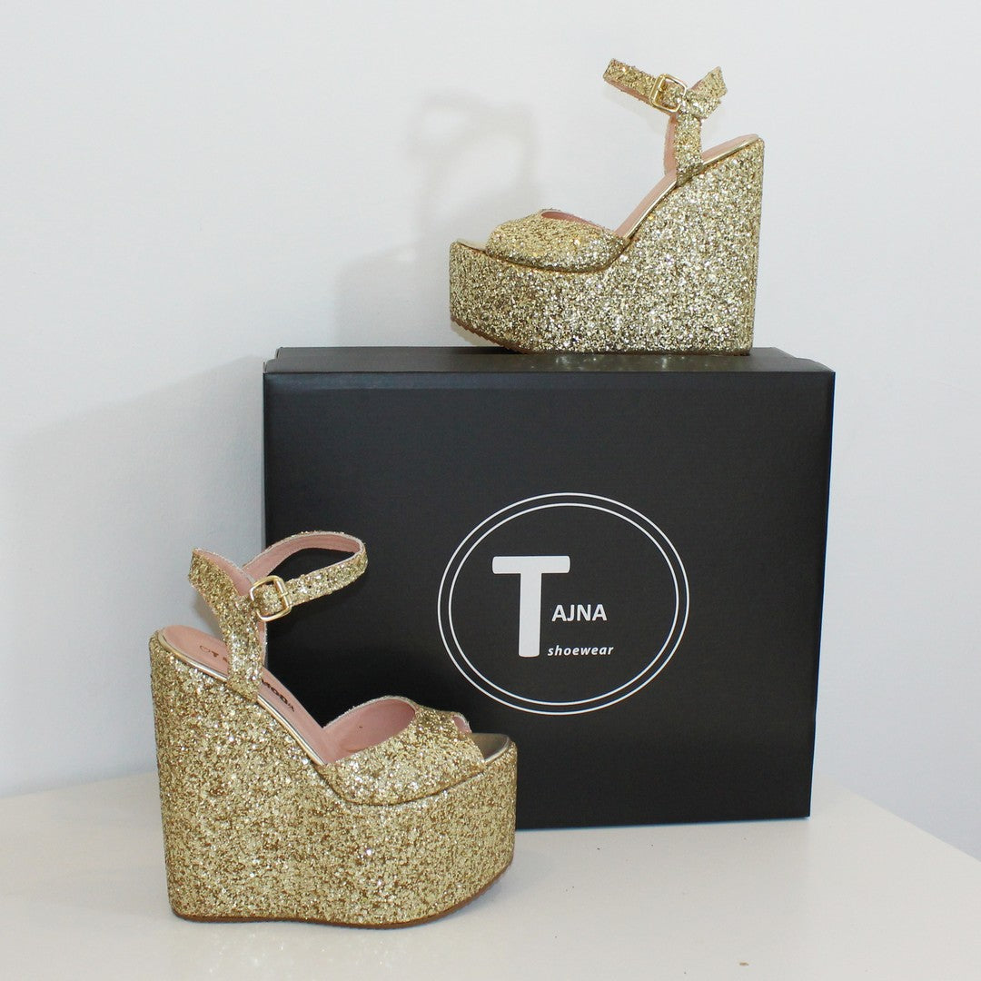 Gold Shiny Peep Toe Wedge Platform Shoes - Tajna Club