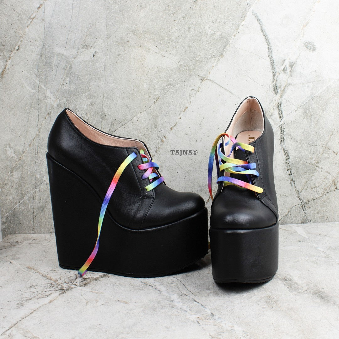 Rainbow Lace Up Black Wedge Shoes - Tajna Club