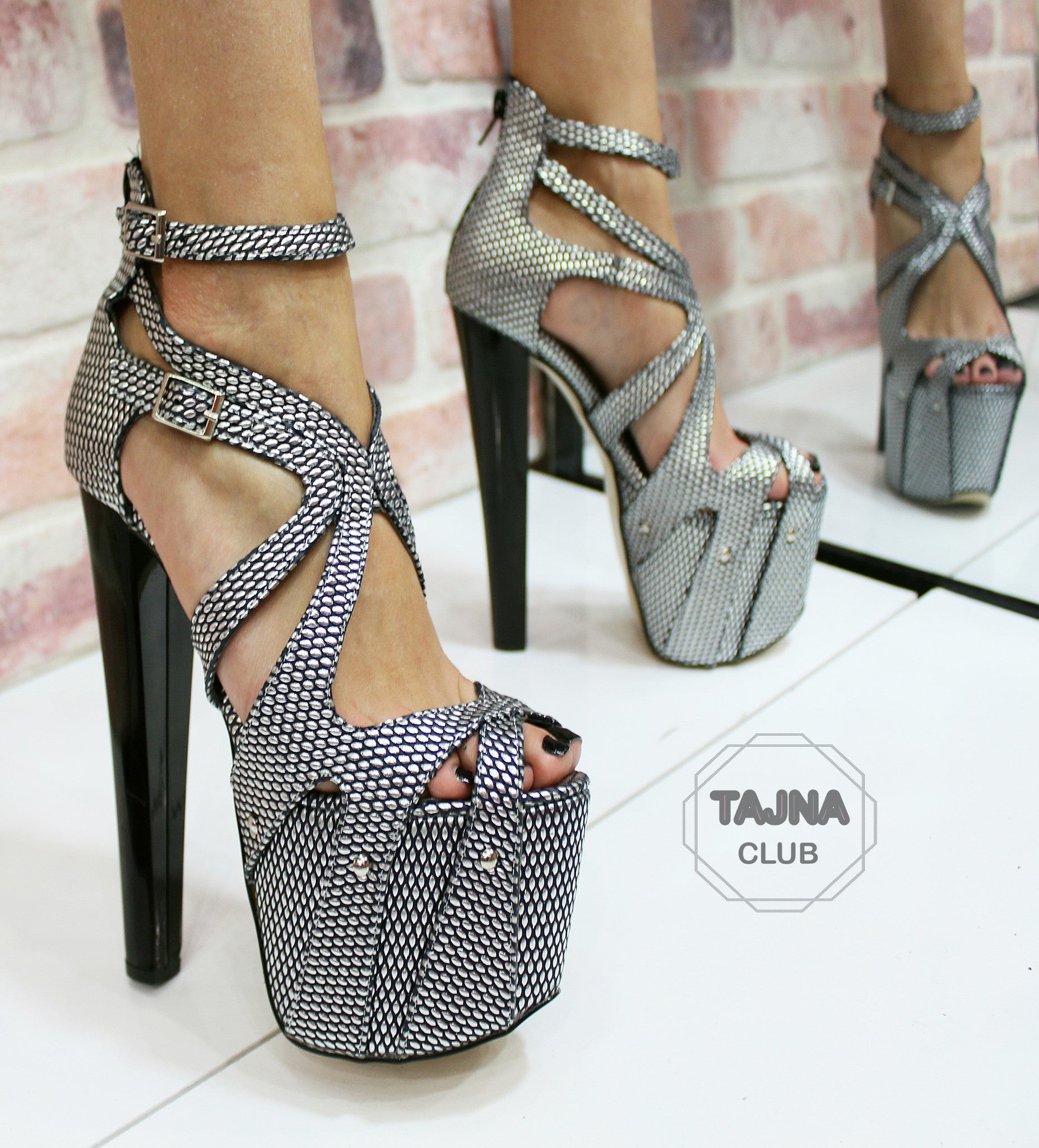 Silver Printed Leather 19 cm High Heel Platform Cage Shoes - Tajna Club