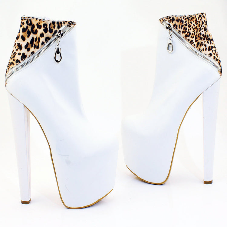 White Leopard Detail Ankle Platform Boots - Tajna Club