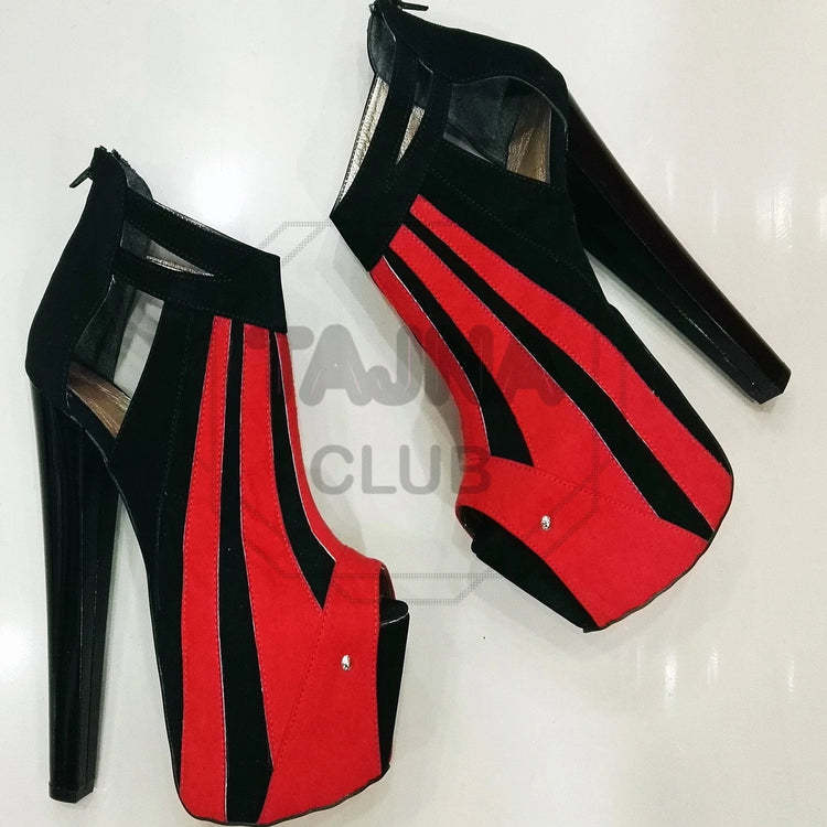 Red Black Stripe Suede Ankle Booties - Tajna Club