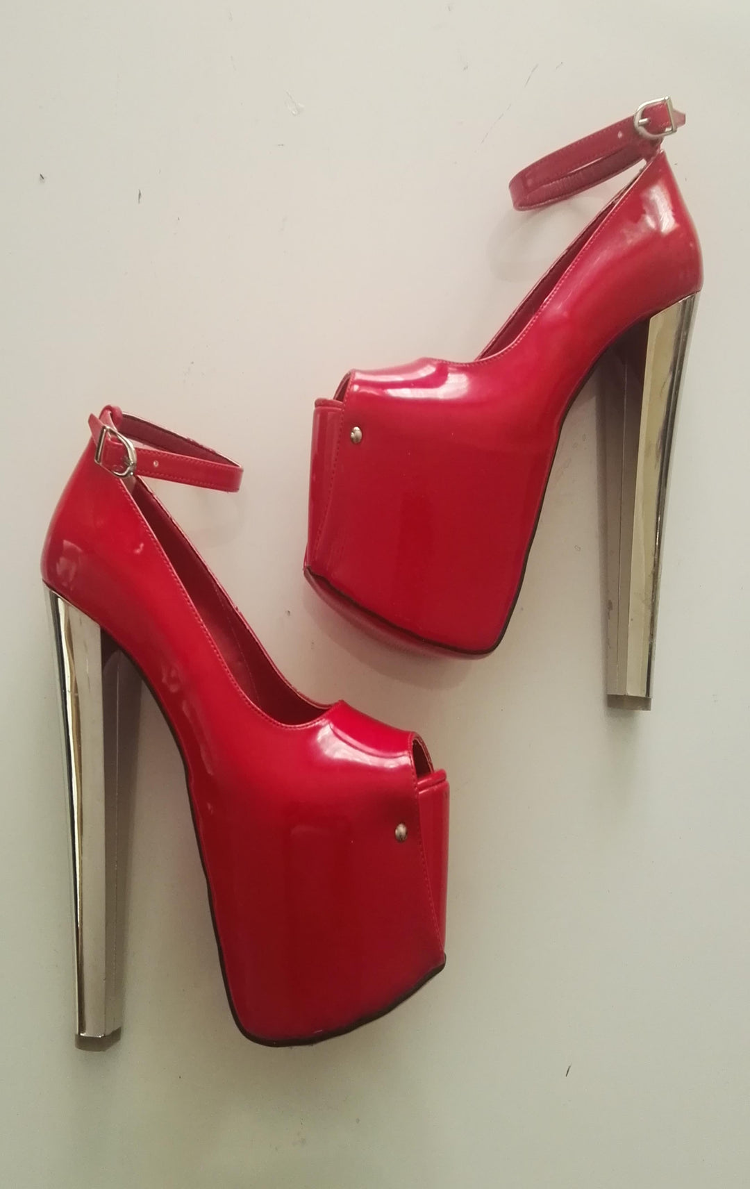 Red Patent Leather Ankle Strap High Heel Platforms - Tajna Club