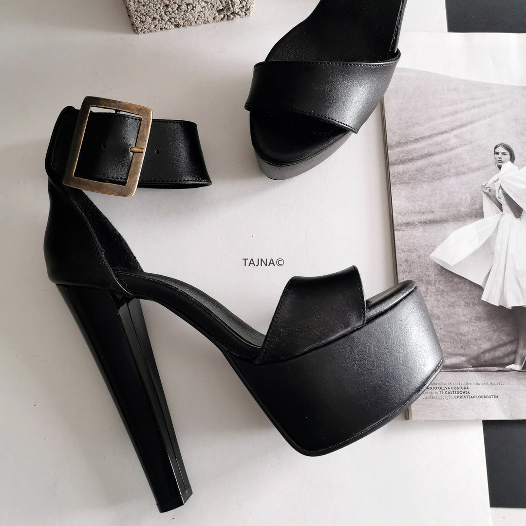 Black Matte Ankle Strap Platform Sandals - Tajna Club