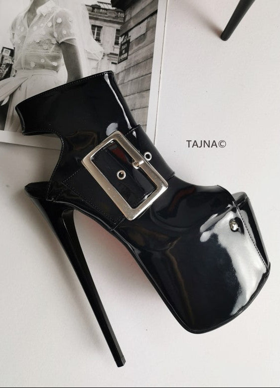 Black Patent Ankle Cut Belted Platform - Tajna Club