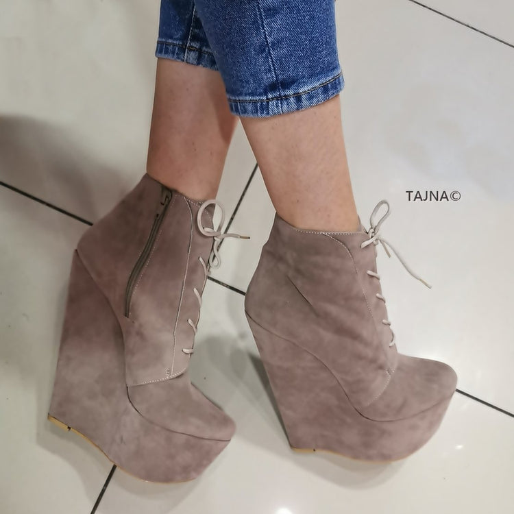 Beige Suede Lace Up Ankle Wedge Booties - Tajna Club