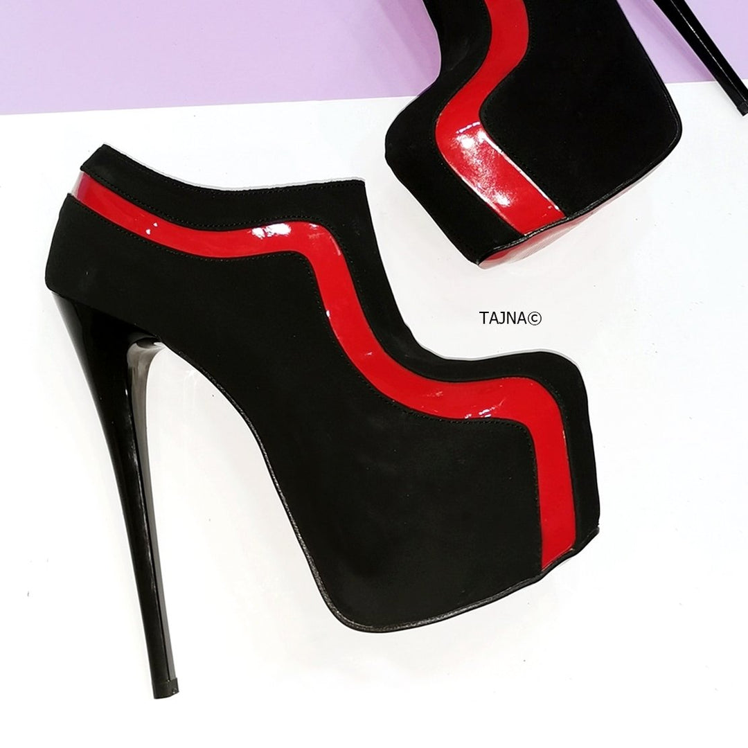 Black Suede Red Detail Ankle Booties - Tajna Club