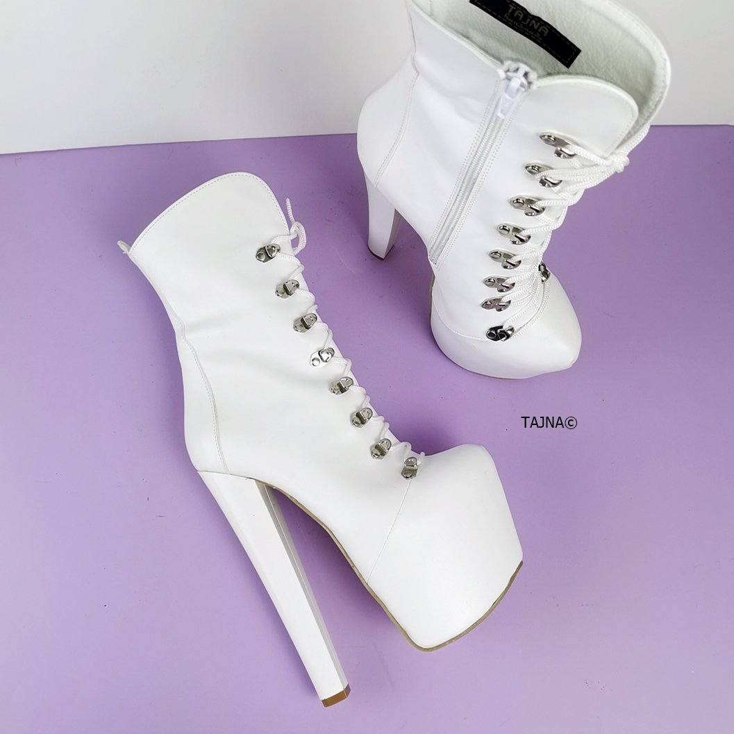 White Lace Up Chunky Heels Boots - Tajna Club