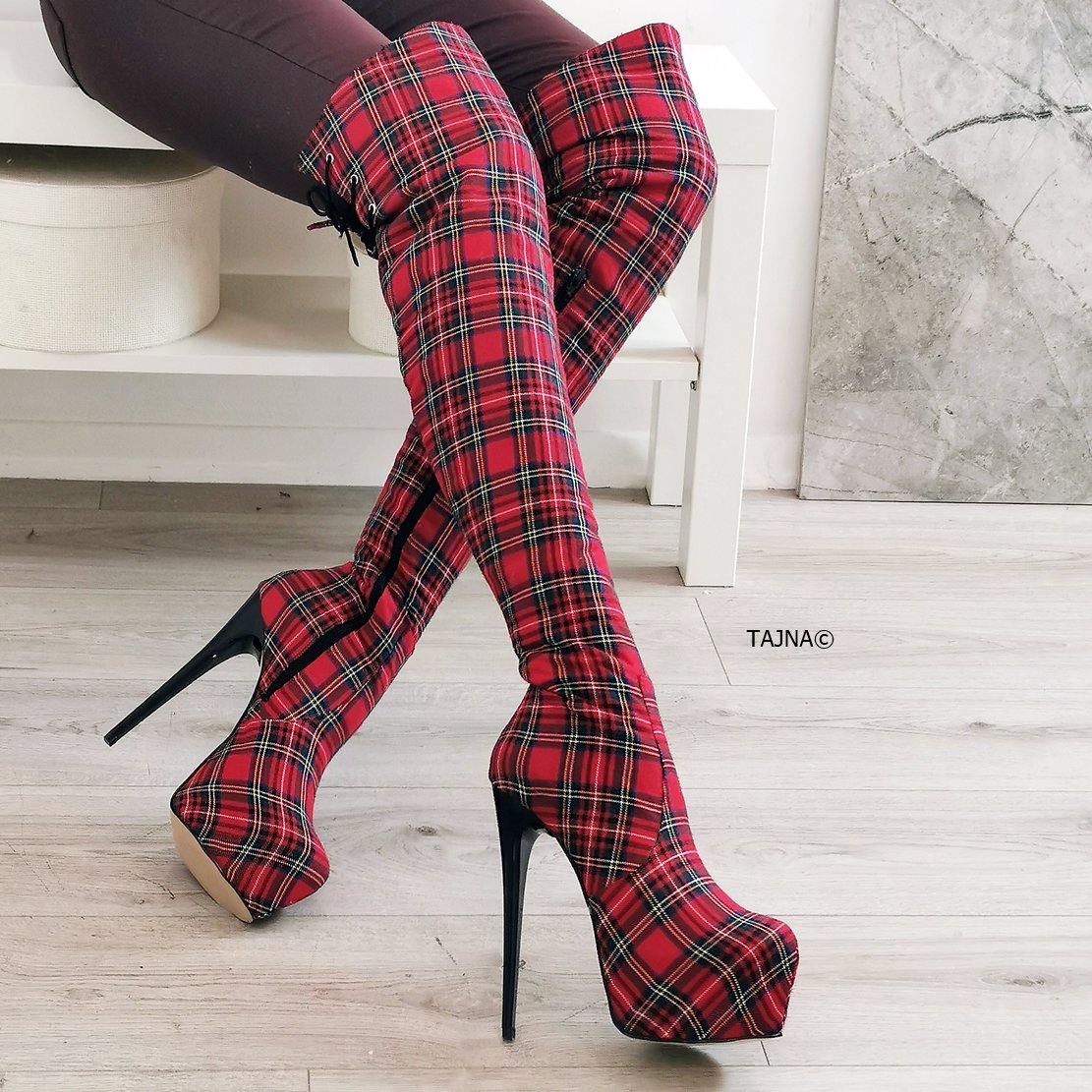 Thigh high 2024 plaid boots