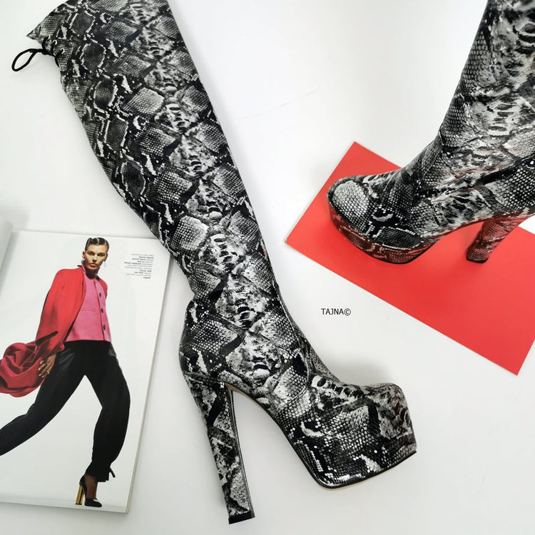Snake Print Design Knee High Boots - Tajna Club