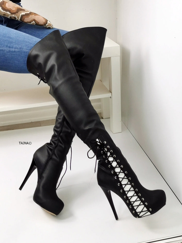Black White Matte Corset Style Knee High Boots - Tajna Club