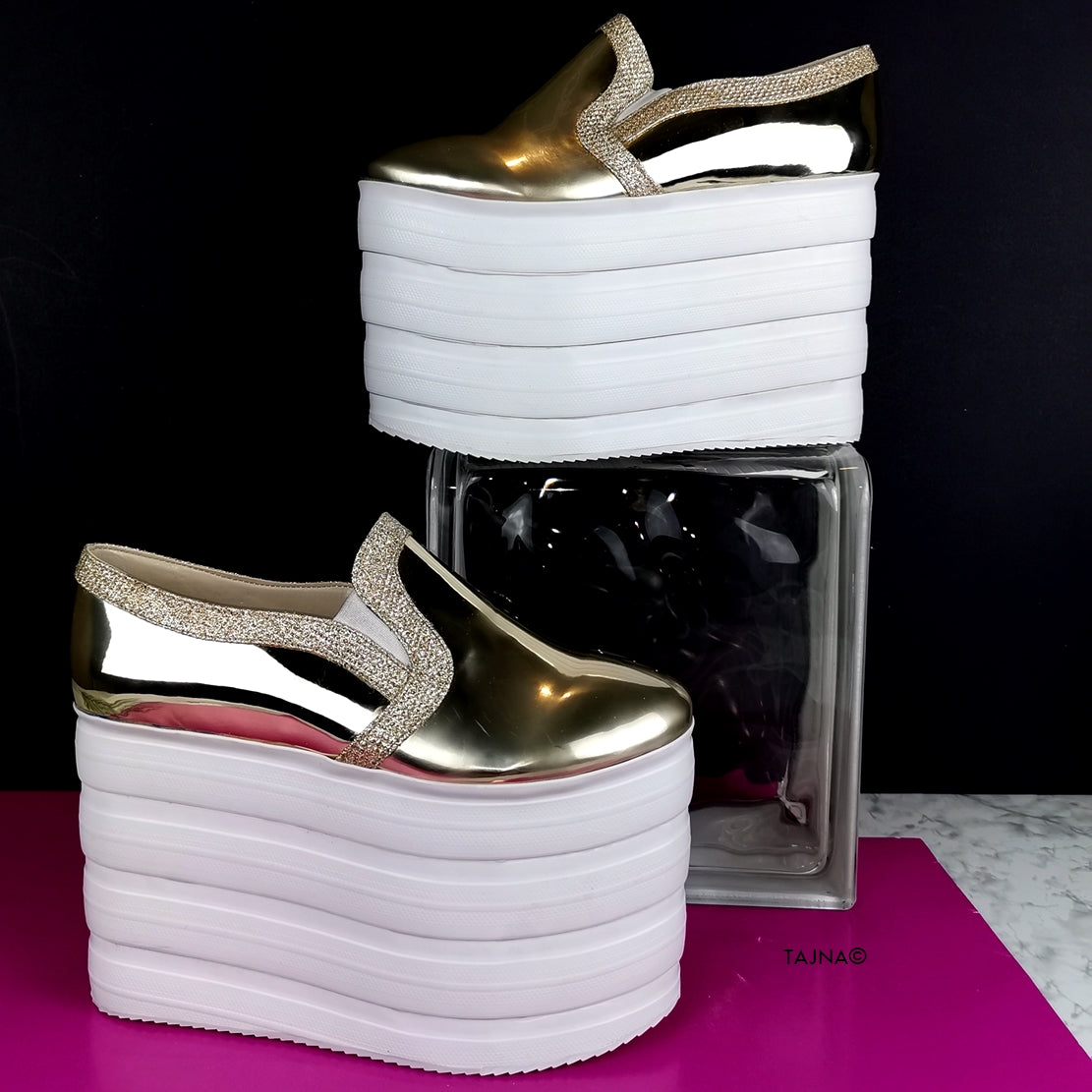 Gold Mirror Flat-form Wedge Sneakers - Tajna Club