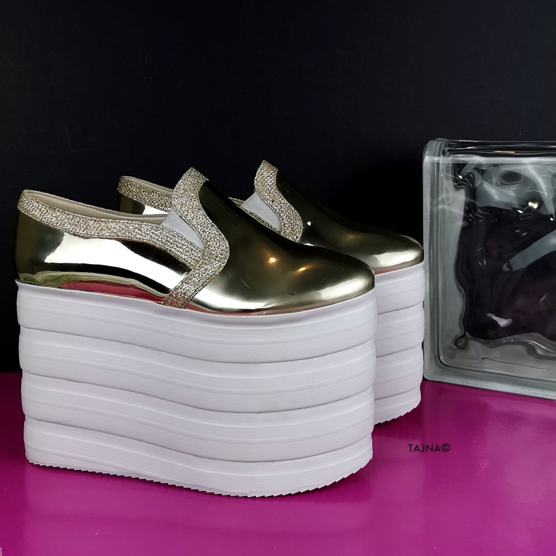 Gold Mirror Flat-form Wedge Sneakers - Tajna Club